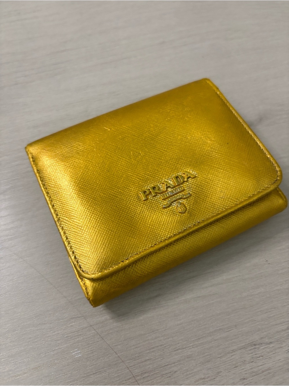 Prada Metallic Yellow Saffiano Leather Compact Wallet